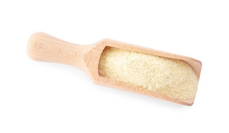 Photo of Wooden scoop with fresh quinoa flour on white background, top view