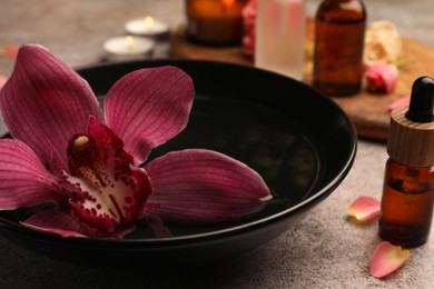Photo of Bowlessential oil and beautiful flower on grey table, closeup. Aromatherapy treatment