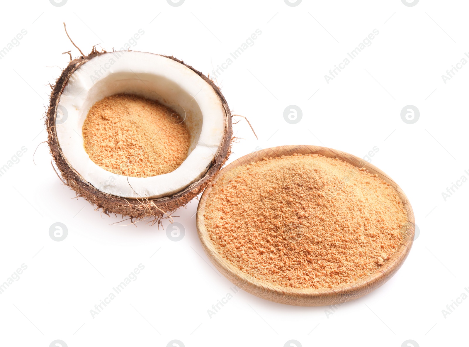 Photo of Coconut sugar in bowl and fruit isolated on white