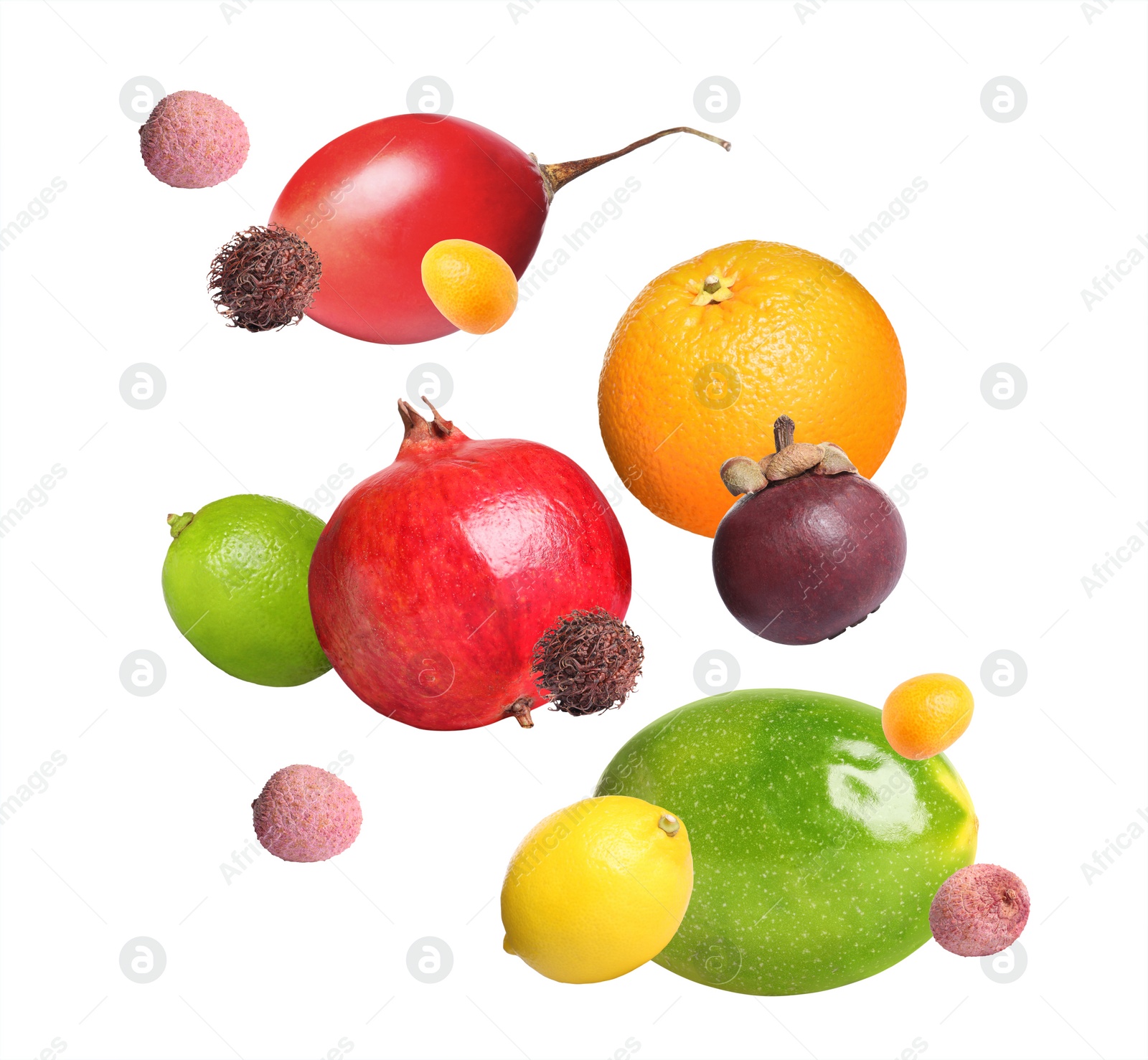 Image of Different tasty exotic fruits flying on white background