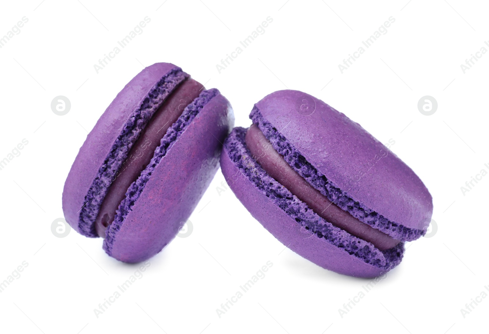 Photo of Purple macarons on white background. Delicious dessert