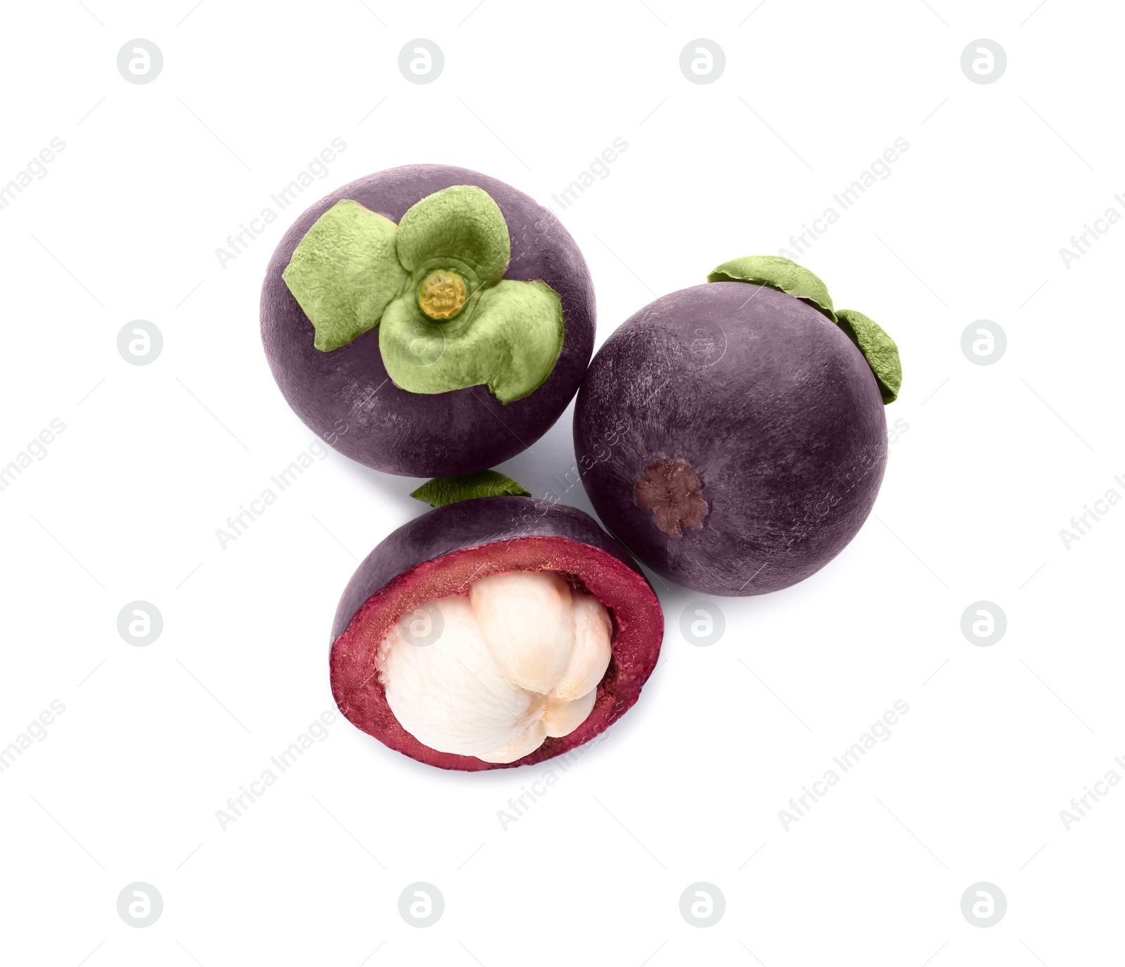 Photo of Fresh mangosteen fruits on white background, top view