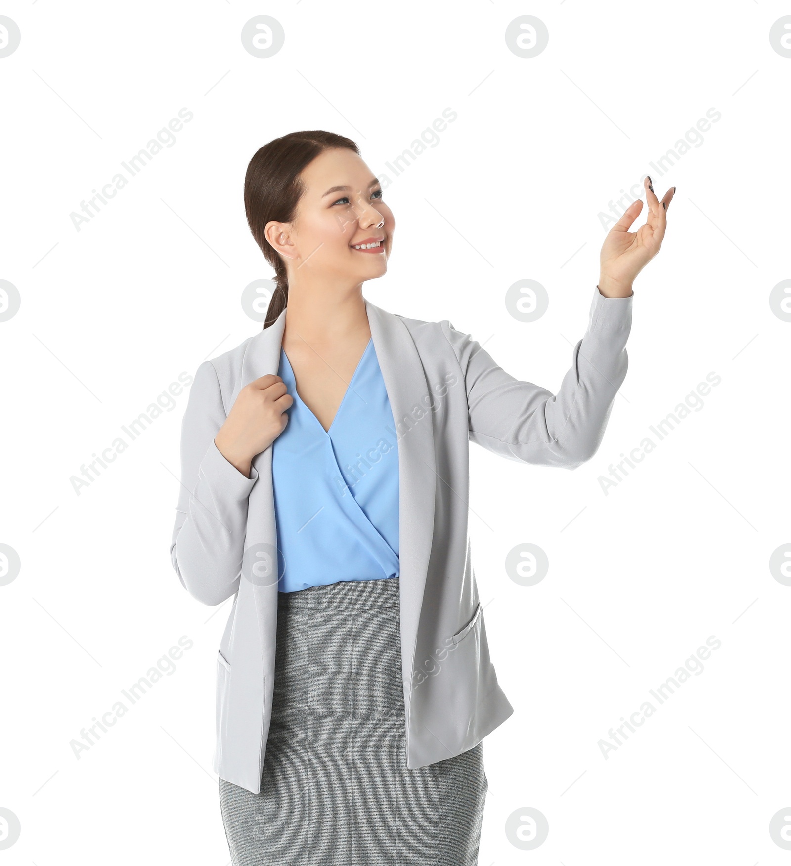 Photo of Business trainer explaining seminar on white background