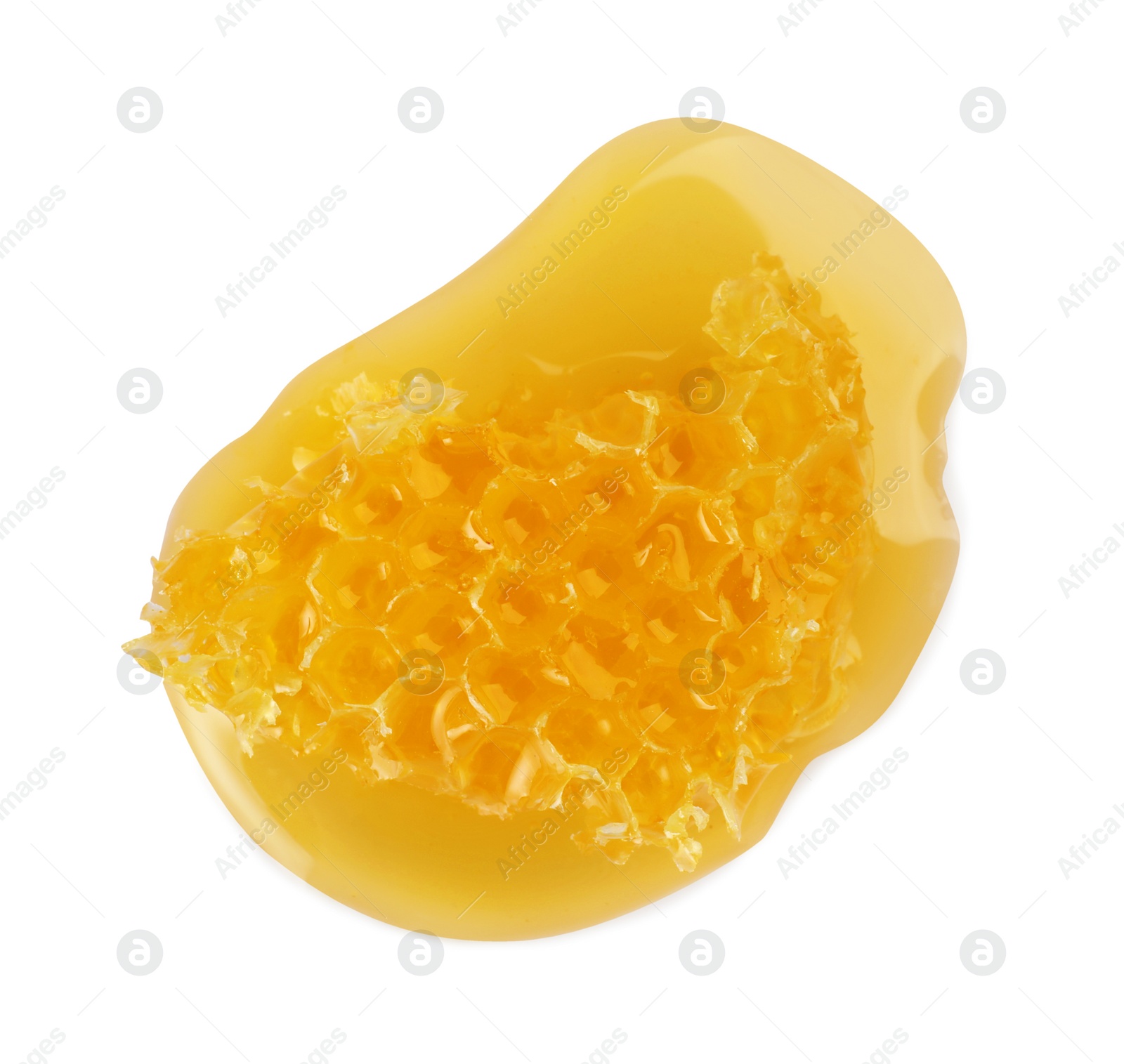 Photo of Piece of natural honeycomb with tasty honey isolated on white, top view