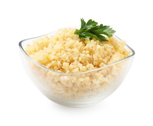 Photo of Delicious bulgur with parsley in bowl isolated on white