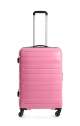 Trendy pink suitcase on white background