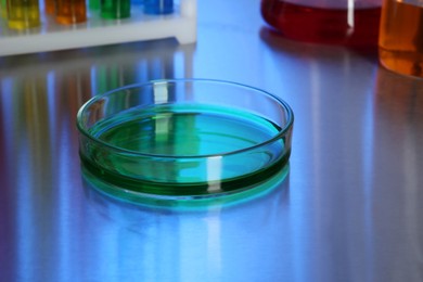 Photo of Petri dish with green liquid on table