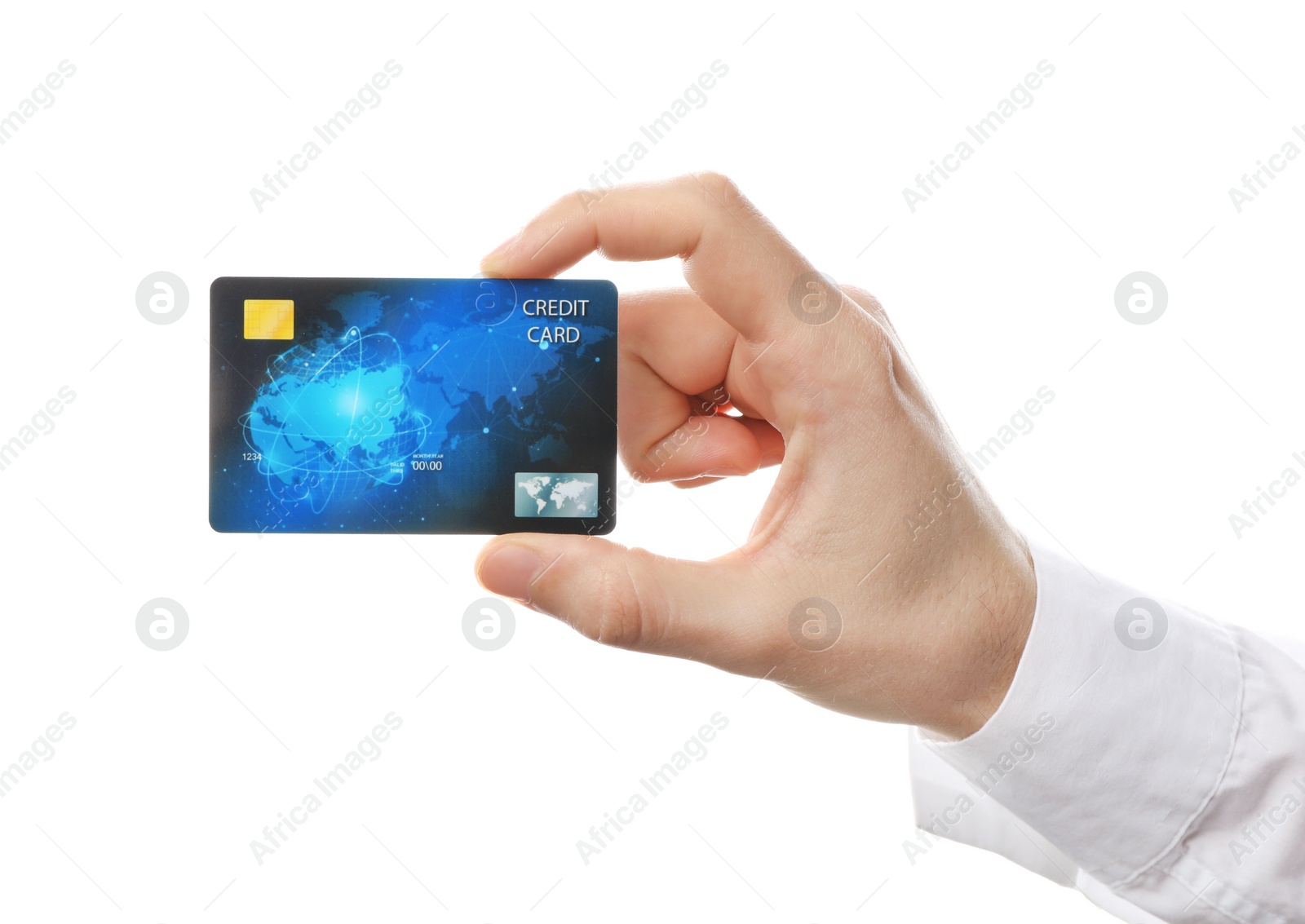 Photo of Young man holding credit card on white background