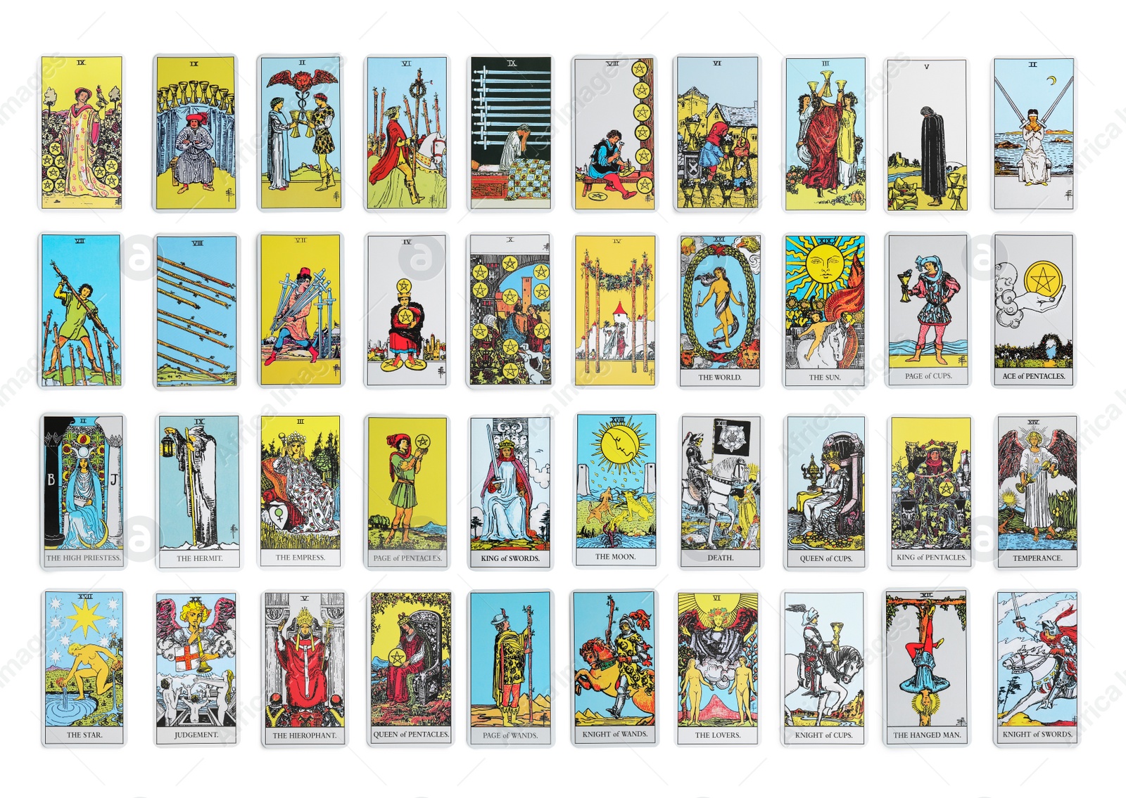 Image of Set with different tarot cards on white background