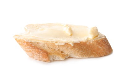 Photo of Fresh bread with butter on white background
