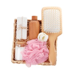Photo of Spa gift set with different products in wicker box on white background, top view