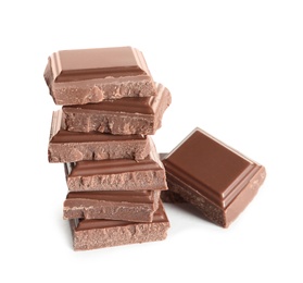 Photo of Pieces of tasty milk chocolate on white background