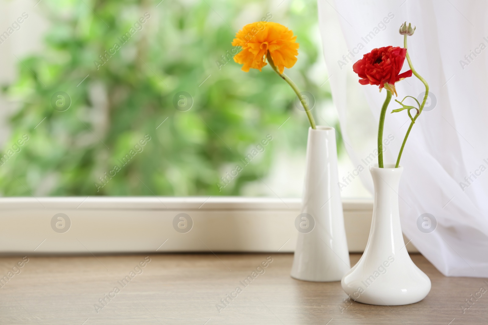 Photo of Beautiful fresh ranunculus flowers on window sill indoors