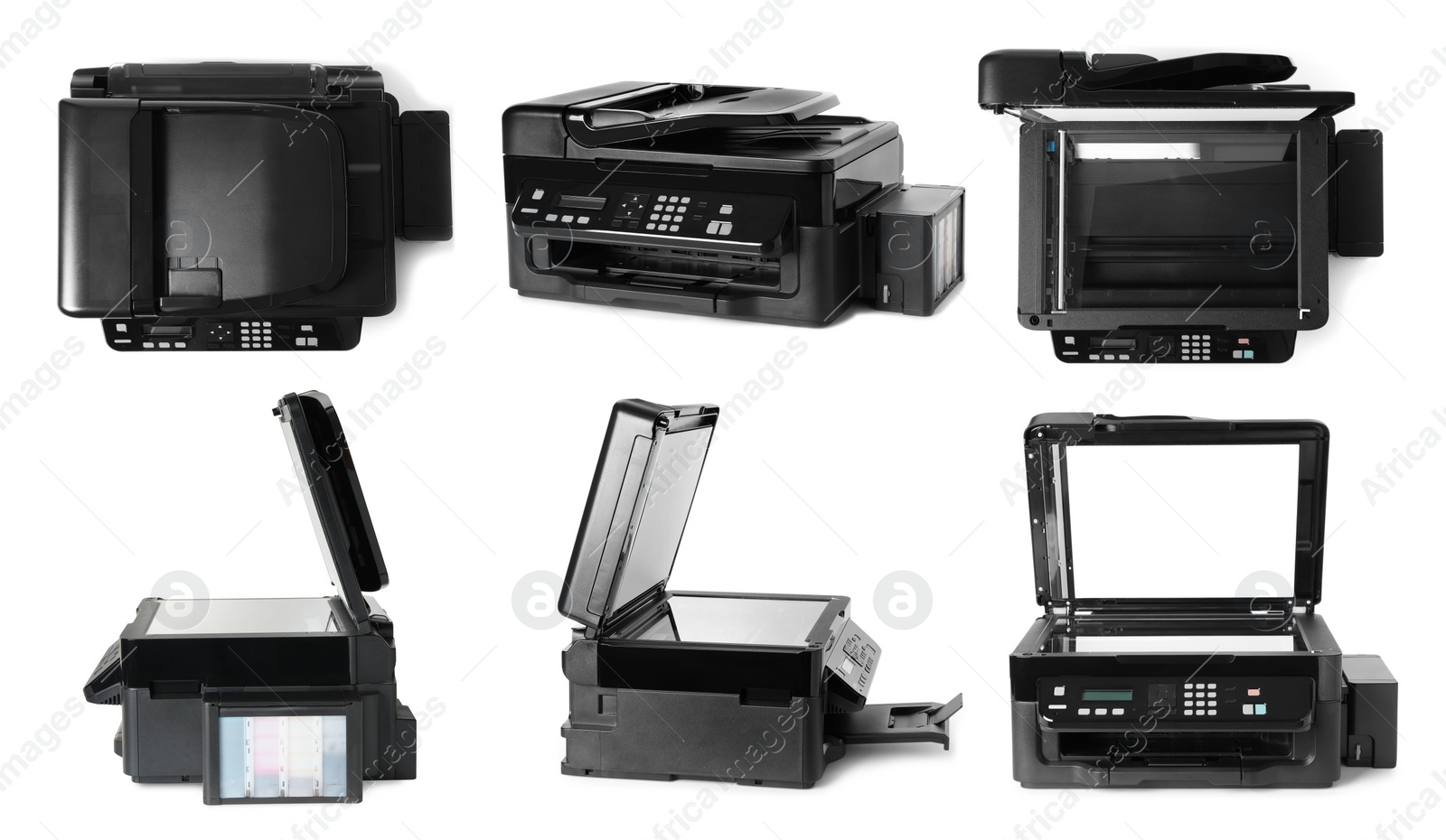 Image of Modern multifunction printer on white background, views from different sides 