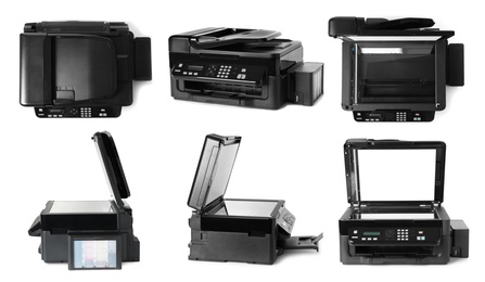 Modern multifunction printer on white background, views from different sides 