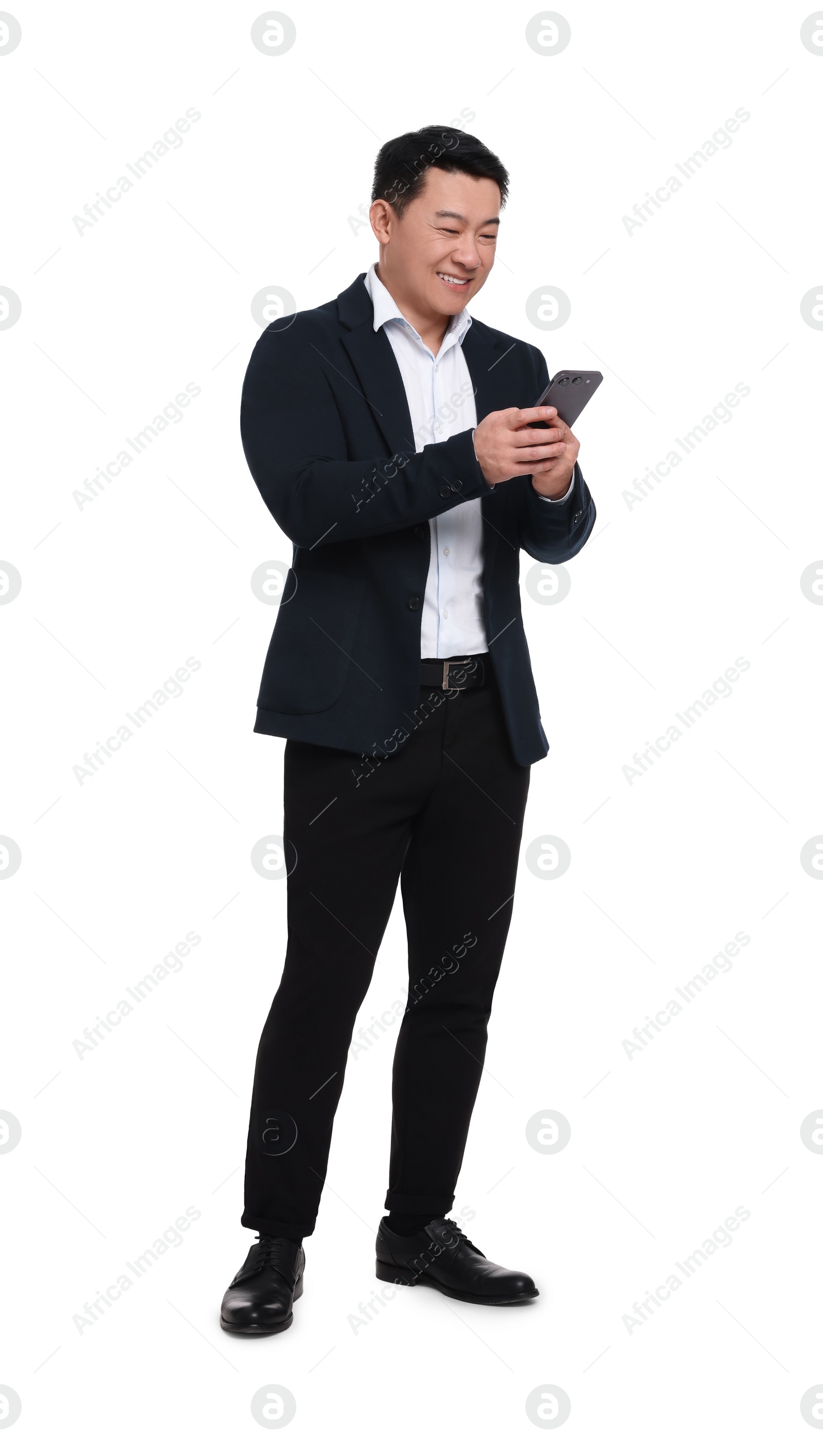 Photo of Businessman in suit with smartphone on white background