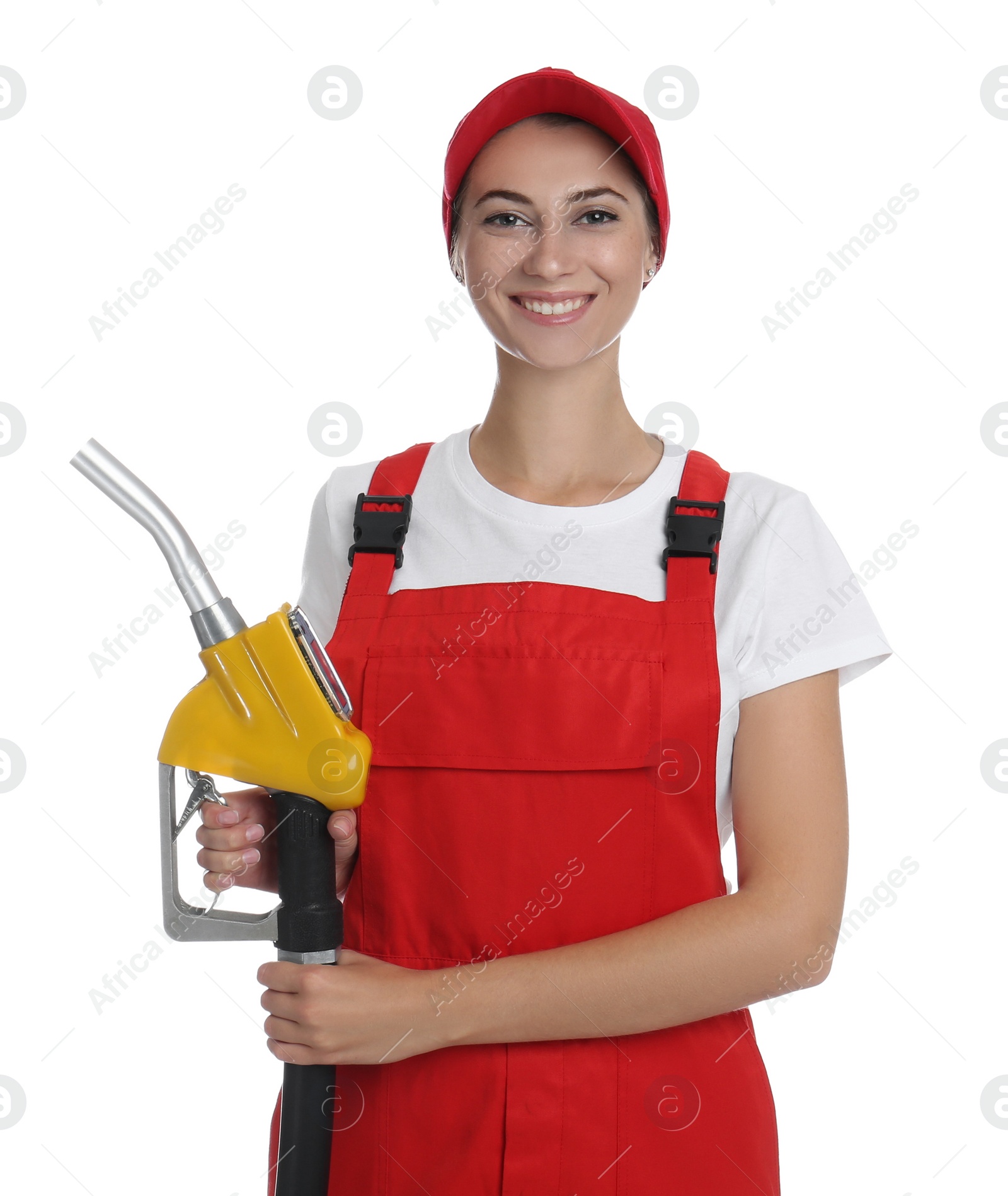 Photo of Gas station worker with fuel nozzle on white background