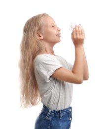 Photo of Little girl suffering from allergy on white background