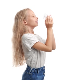 Little girl suffering from allergy on white background