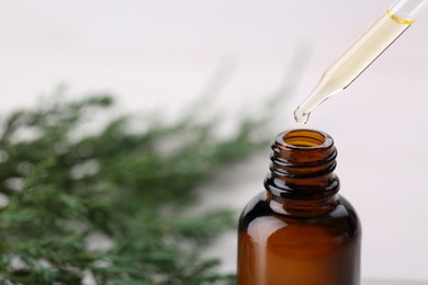 Essential oil dripping from pipette into bottle on blurred background, closeup. Space for text