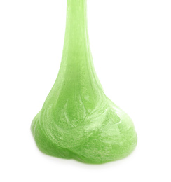 Photo of Flowing green slime isolated on white. Antistress toy