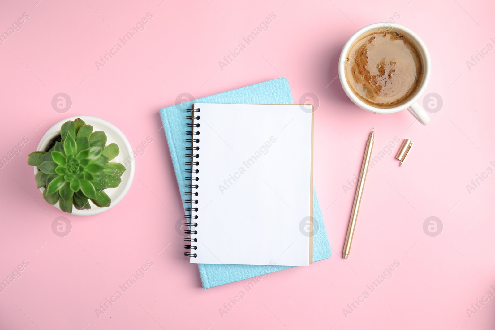 Photo of Flat lay composition with notebooks and coffee on color background