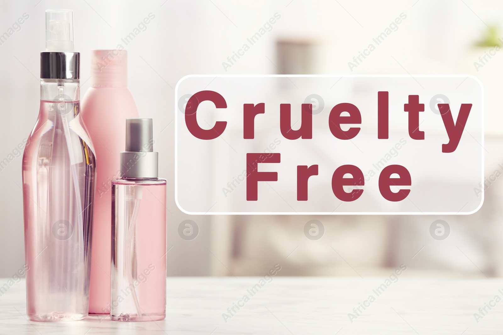 Image of Cruelty free concept. Personal care products not tested on animals in bathroom 