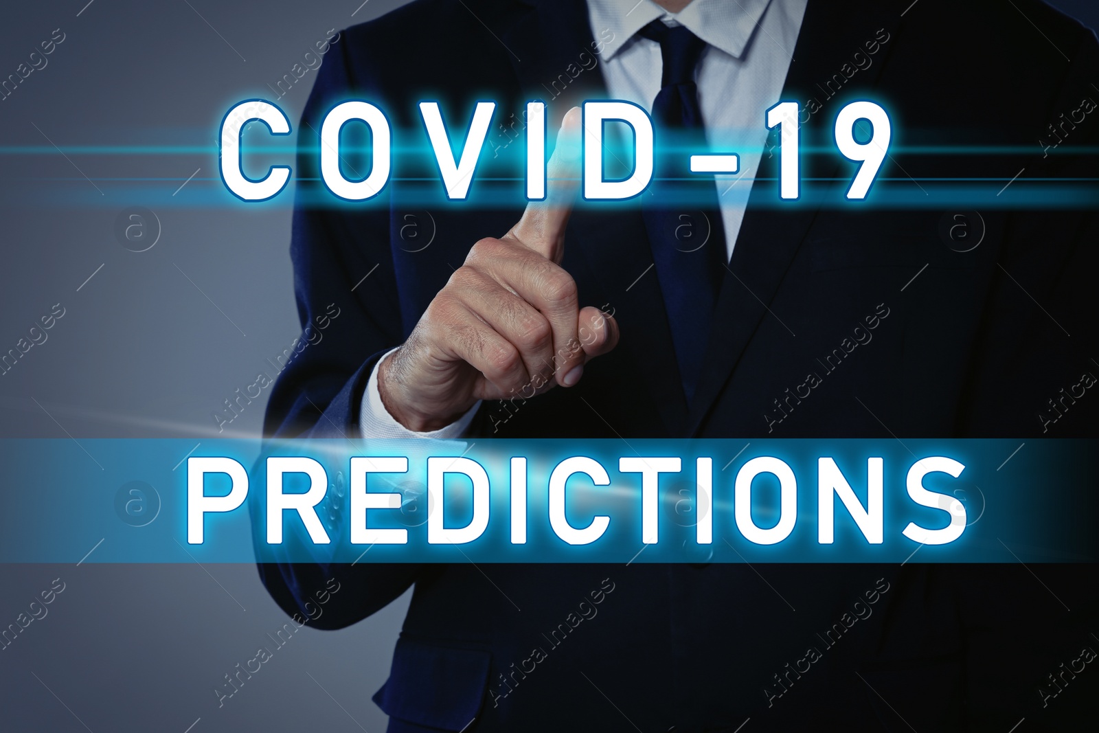 Image of COVID-19 predictions. Man and text on grey background, closeup