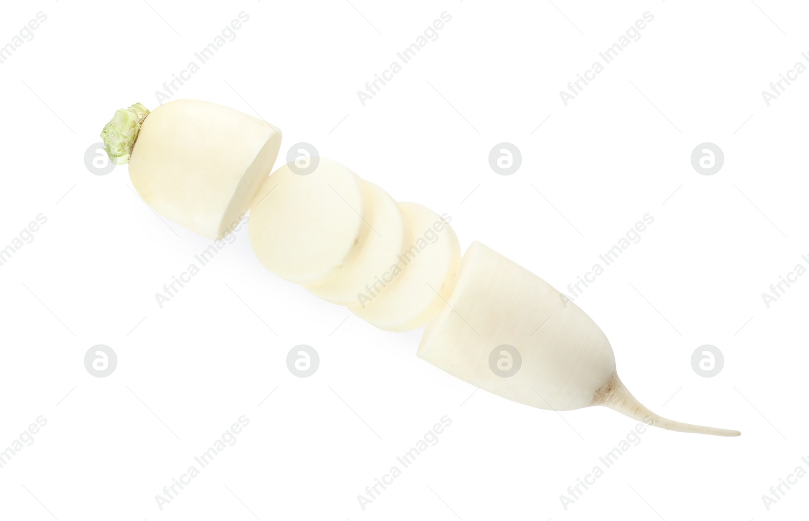 Photo of Sliced fresh ripe turnip on white background, top view