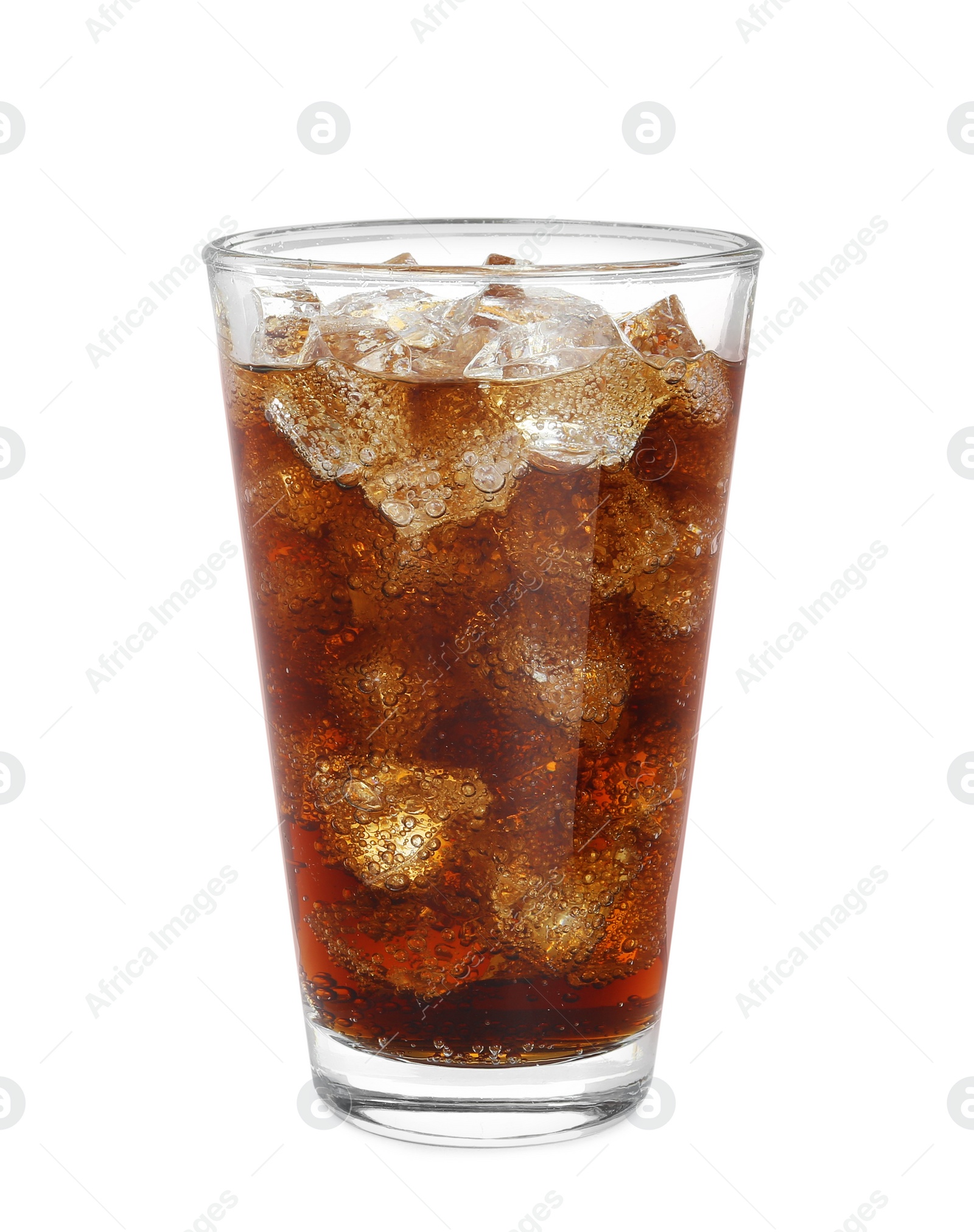 Photo of Glass of refreshing soda drink with ice cubes isolated on white