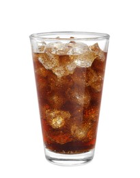 Photo of Glass of refreshing soda drink with ice cubes isolated on white