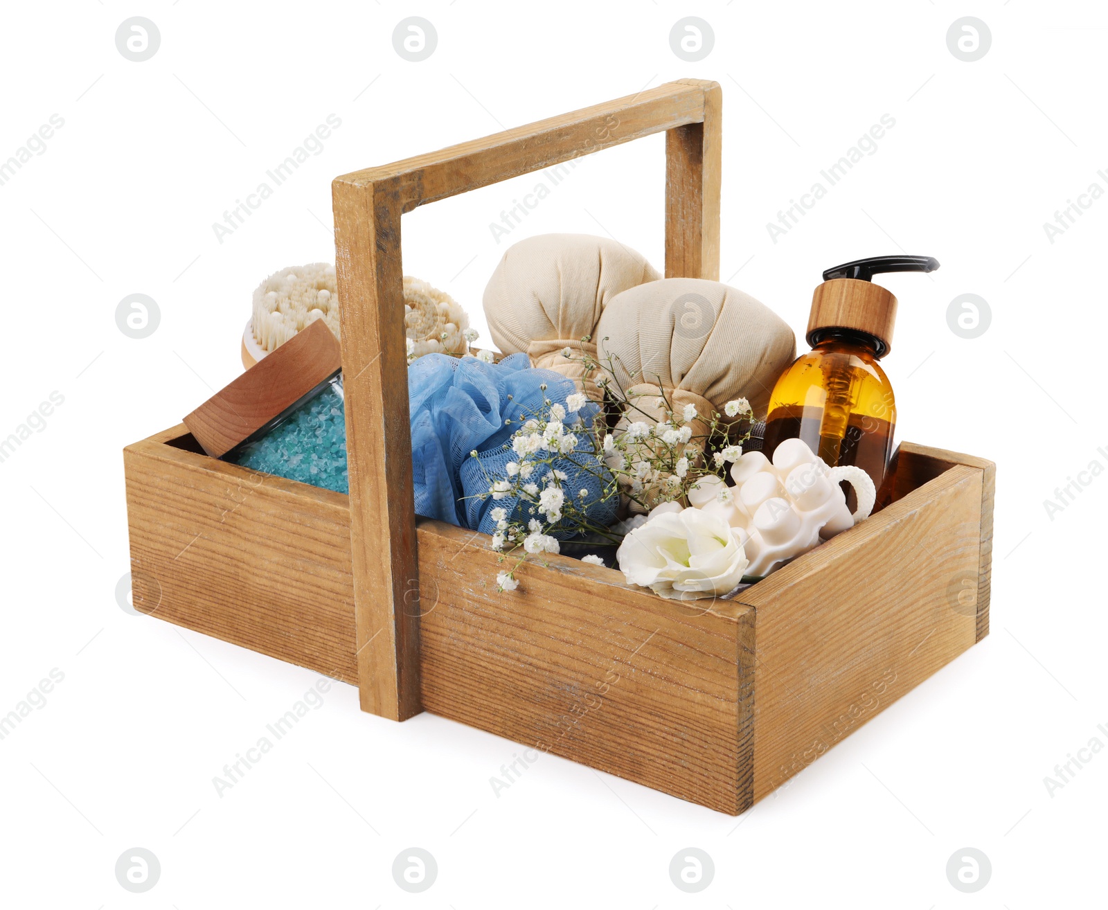 Photo of Spa gift set with different products in crate on white background