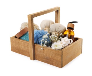Photo of Spa gift set with different products in crate on white background