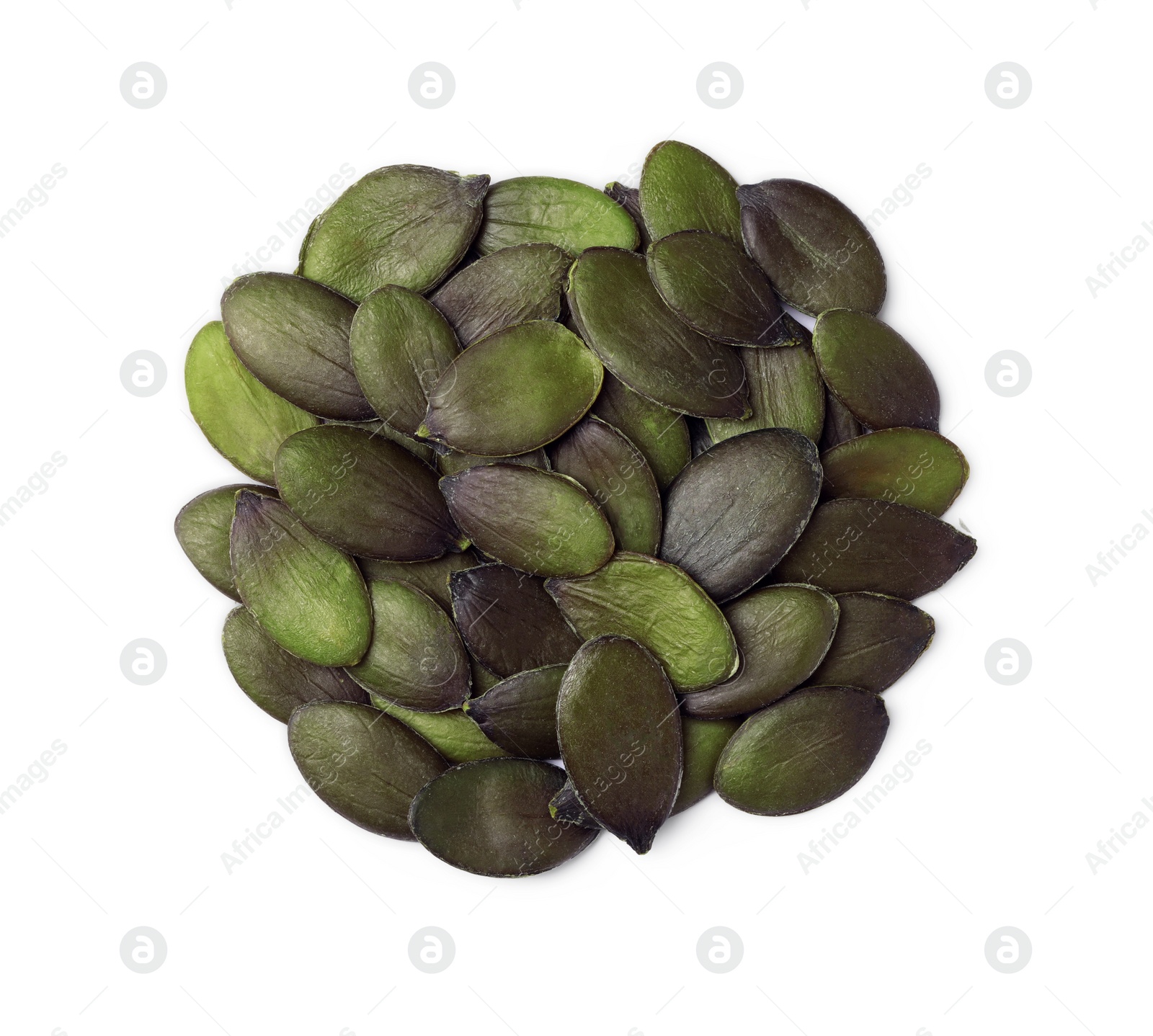 Photo of Heap of pumpkin seeds isolated on white, top view