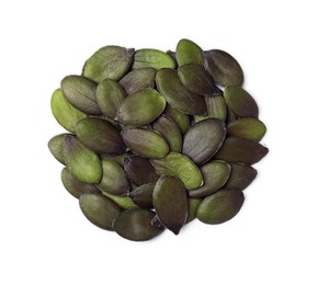 Heap of pumpkin seeds isolated on white, top view