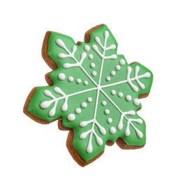 Photo of Tasty Christmas cookie in shape of snowflake isolated on white