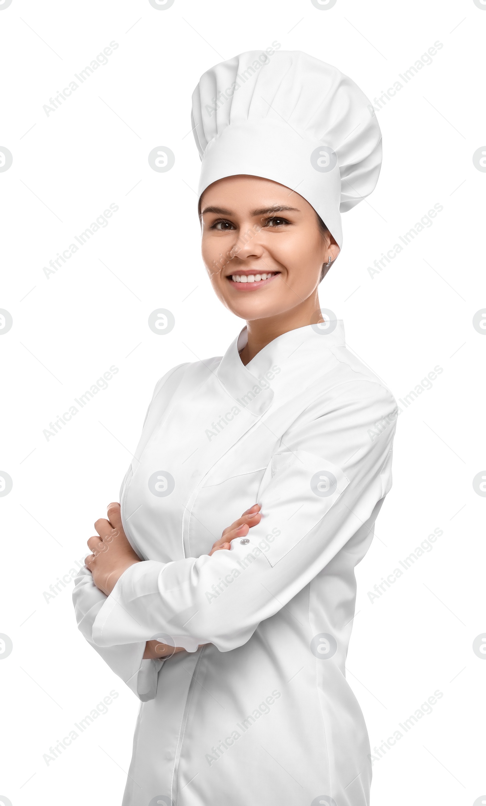 Photo of Happy female chef wearing uniform and cap on white background