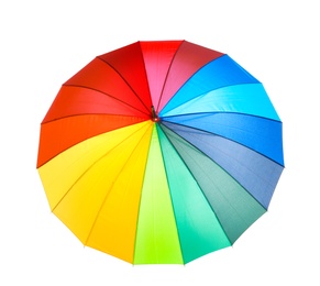 Photo of Open rainbow color umbrella on white background