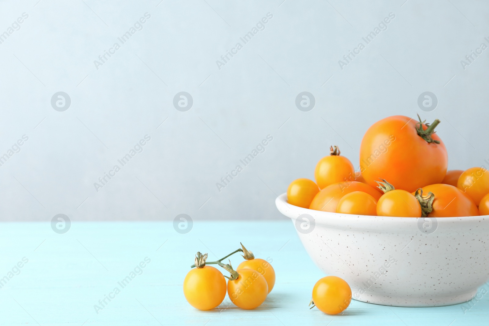 Photo of Ripe yellow tomatoes on light blue wooden table. Space for text