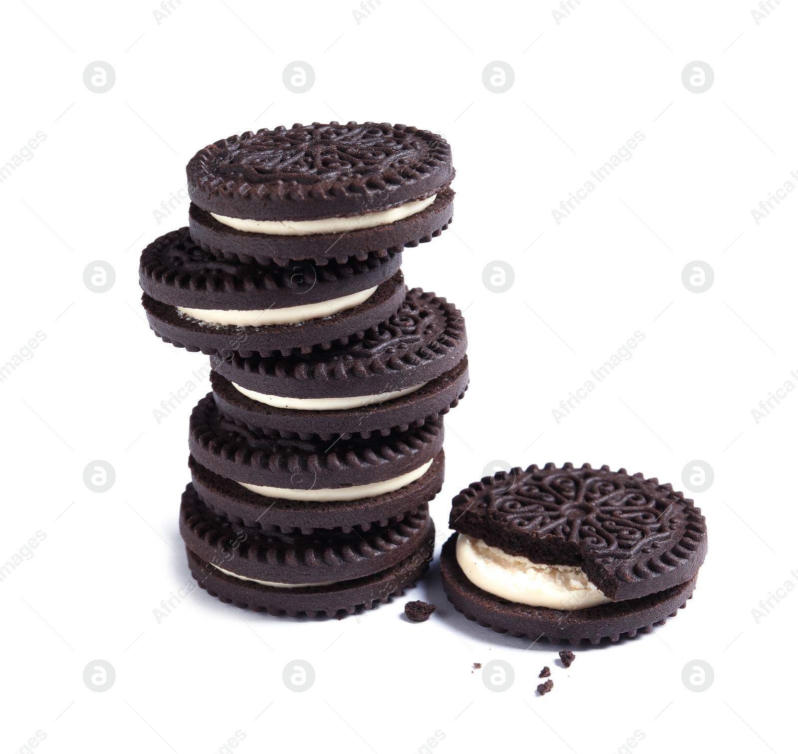 Photo of Tasty chocolate cookies and crumbs on white background