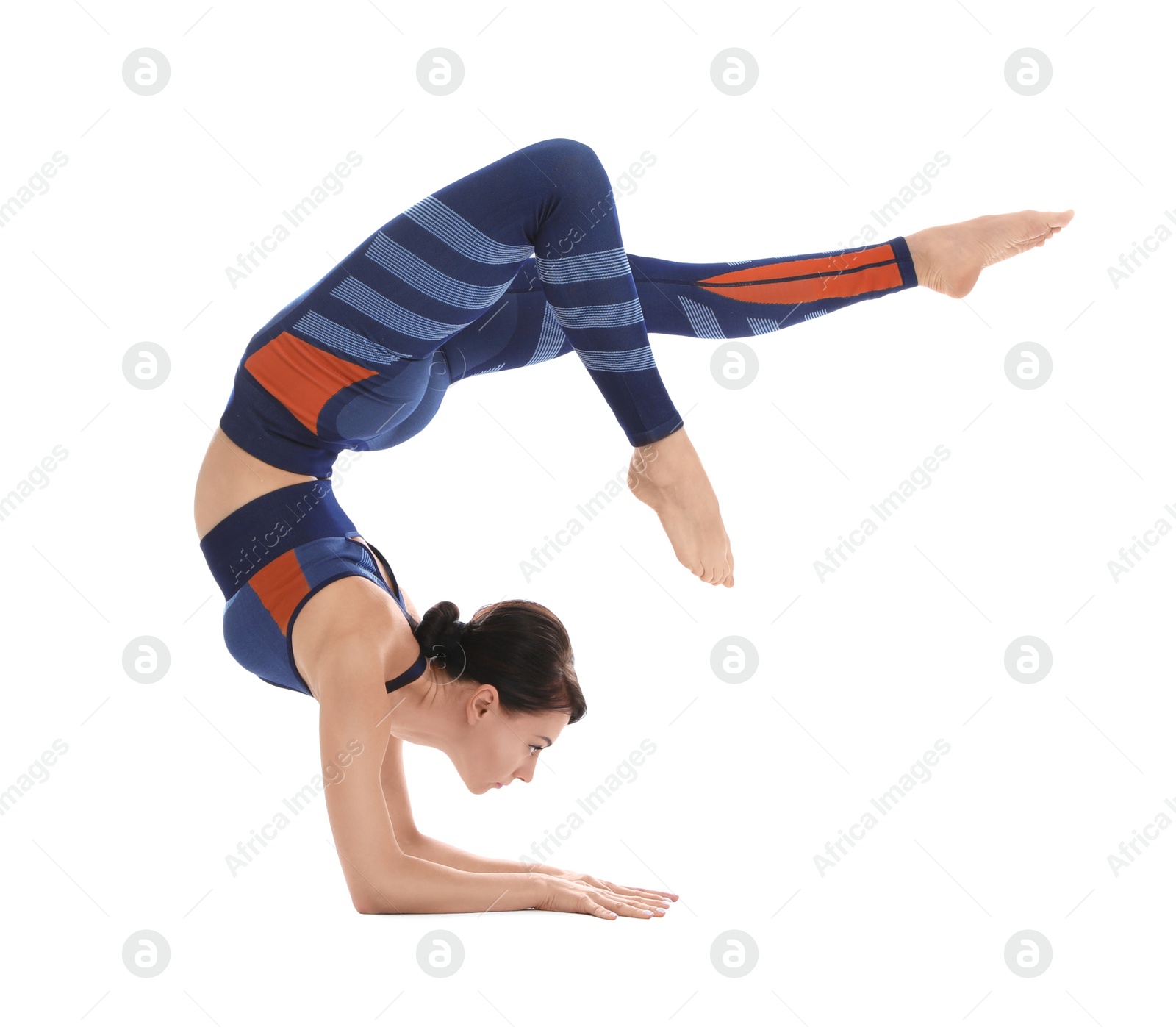 Photo of Professional young acrobat exercising on white background