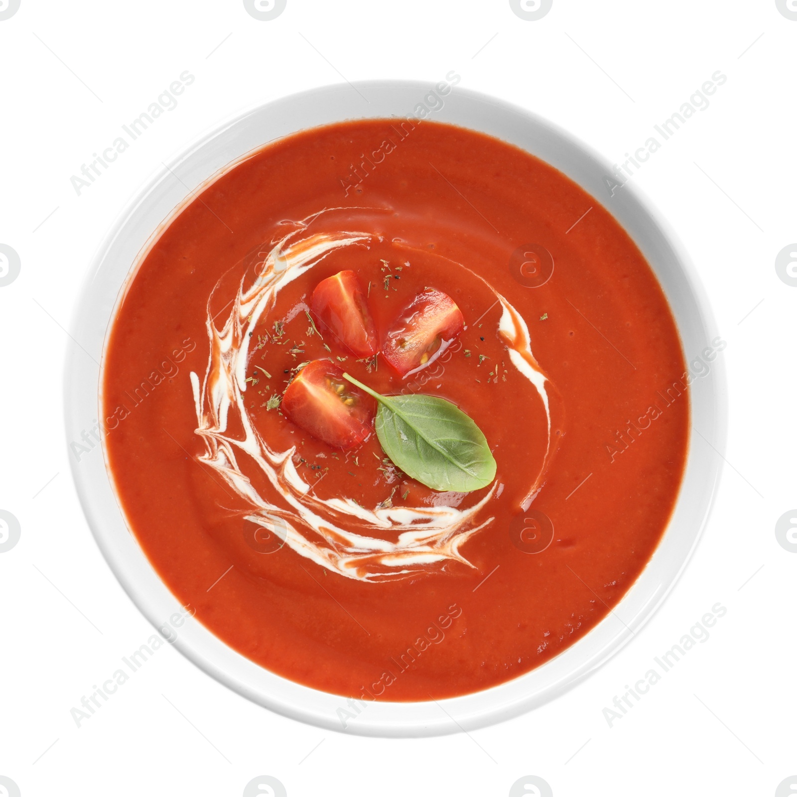 Photo of Dish with tomato cream soup on white background, top view. Healthy food