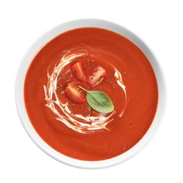 Dish with tomato cream soup on white background, top view. Healthy food