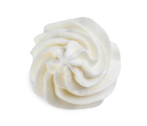 Photo of Delicious whipped cream isolated on white, top view