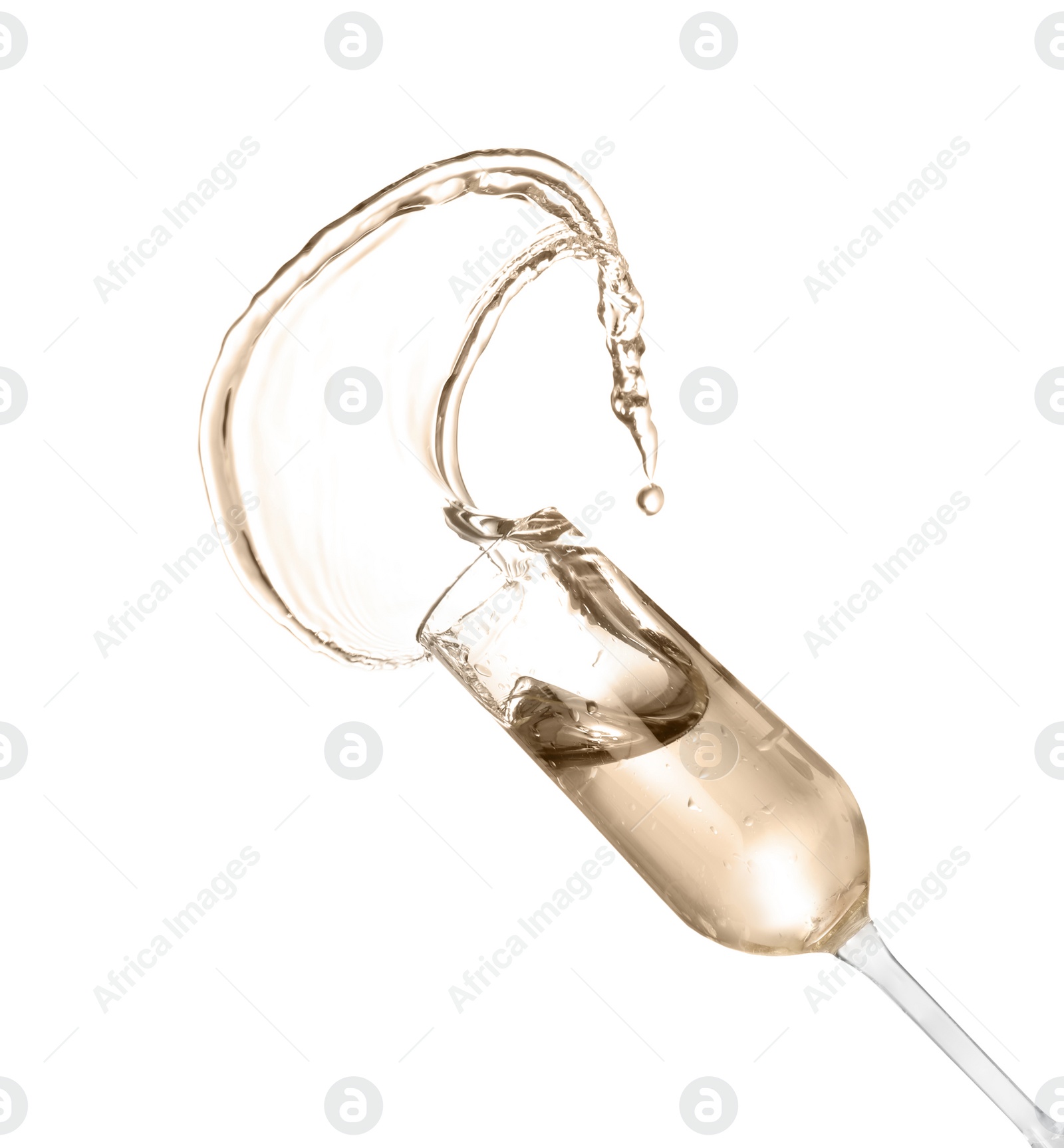 Photo of Sparkling wine splashing out of glass on white background