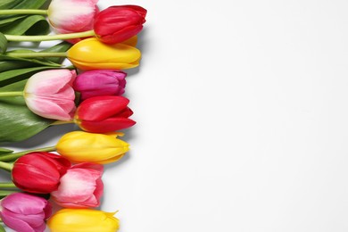 Photo of Beautiful colorful tulips on white background, top view. Space for text