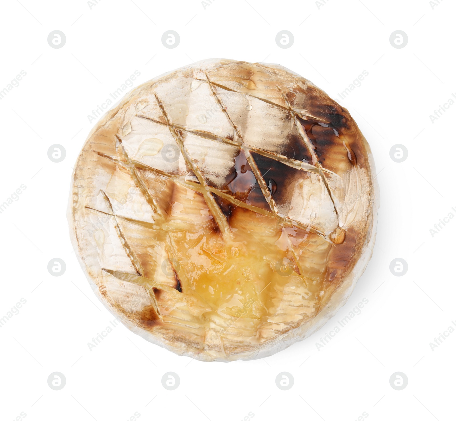 Photo of Tasty baked camembert with honey isolated on white, top view