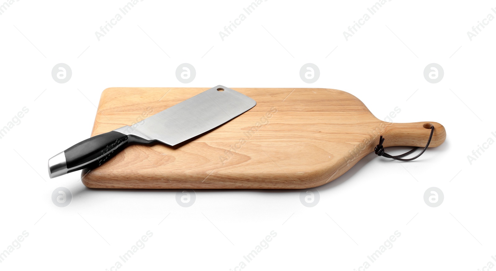 Photo of Stainless steel cleaver knife with plastic handle on board against white background