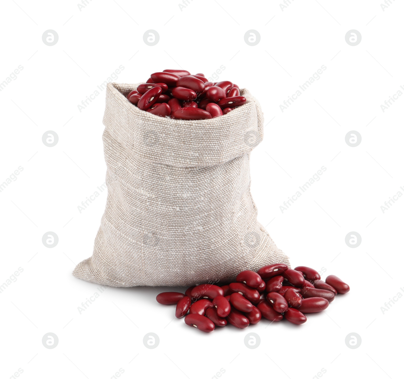 Photo of Raw red kidney beans with sackcloth bag isolated on white