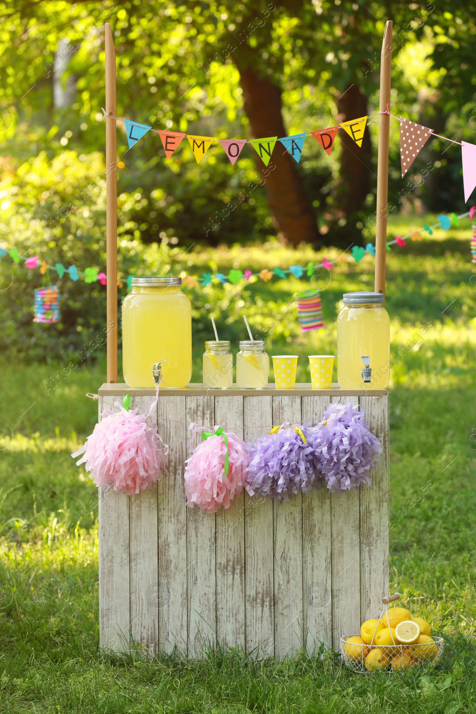 Photo of Decorated lemonade stand in park. Summer refreshing natural drink